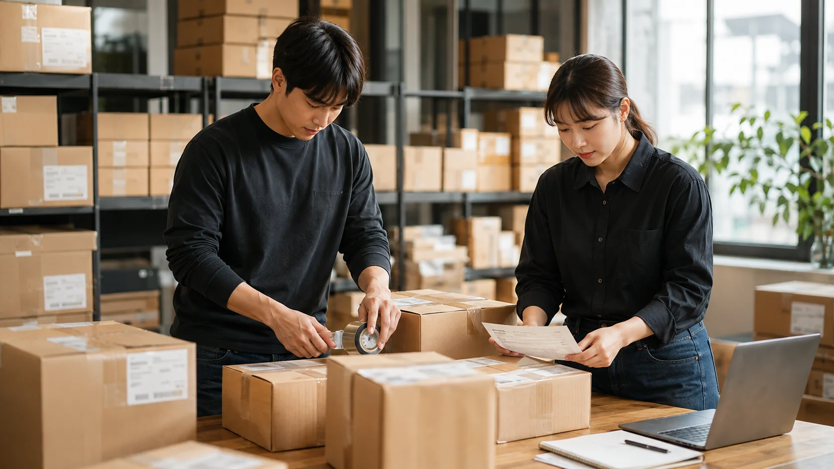 주문서를 확인하며 고객 주문 상품을 포장하는 이커머스 운영팀