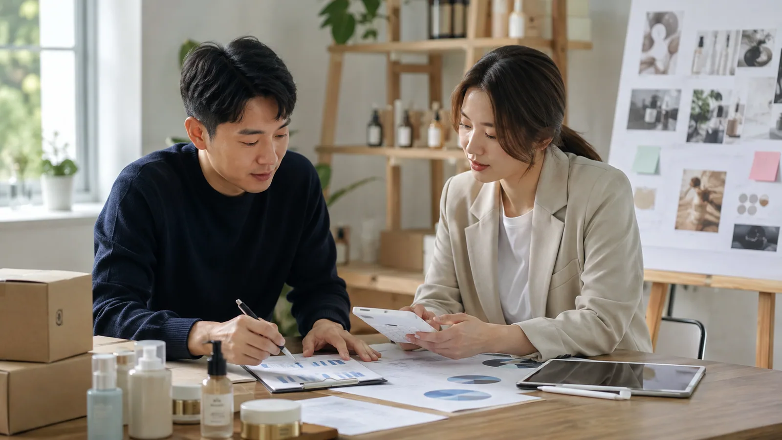 계산기와 예산표, 상품 샘플을 함께 검토하는 사업자와 컨설턴트