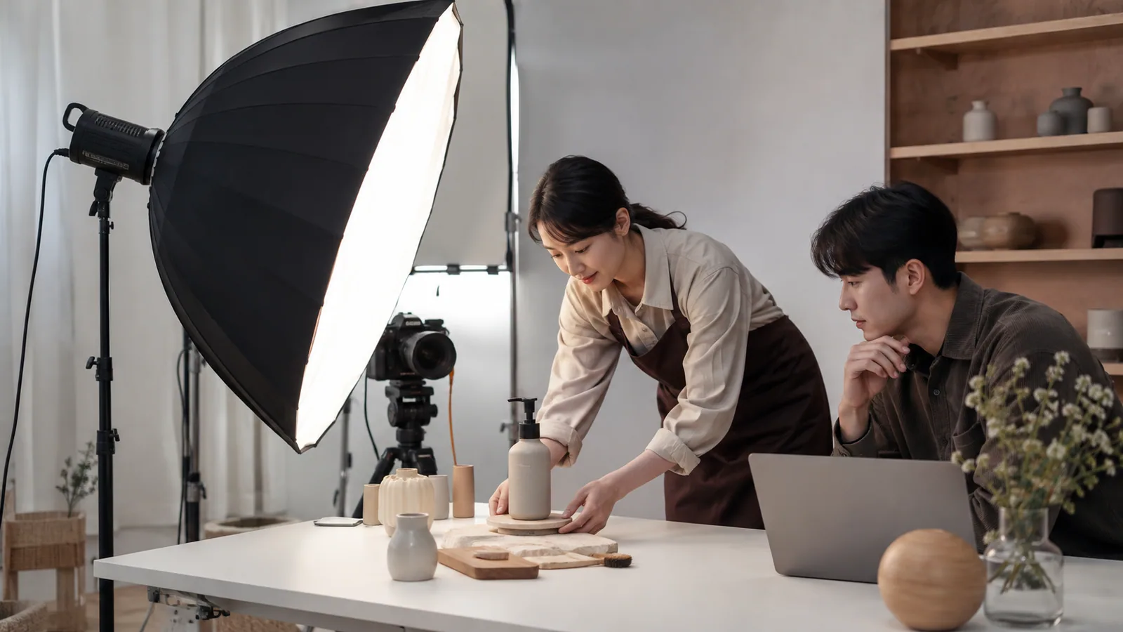 조명과 카메라로 상품을 촬영하고 화면에서 결과를 확인하는 콘텐츠 스튜디오