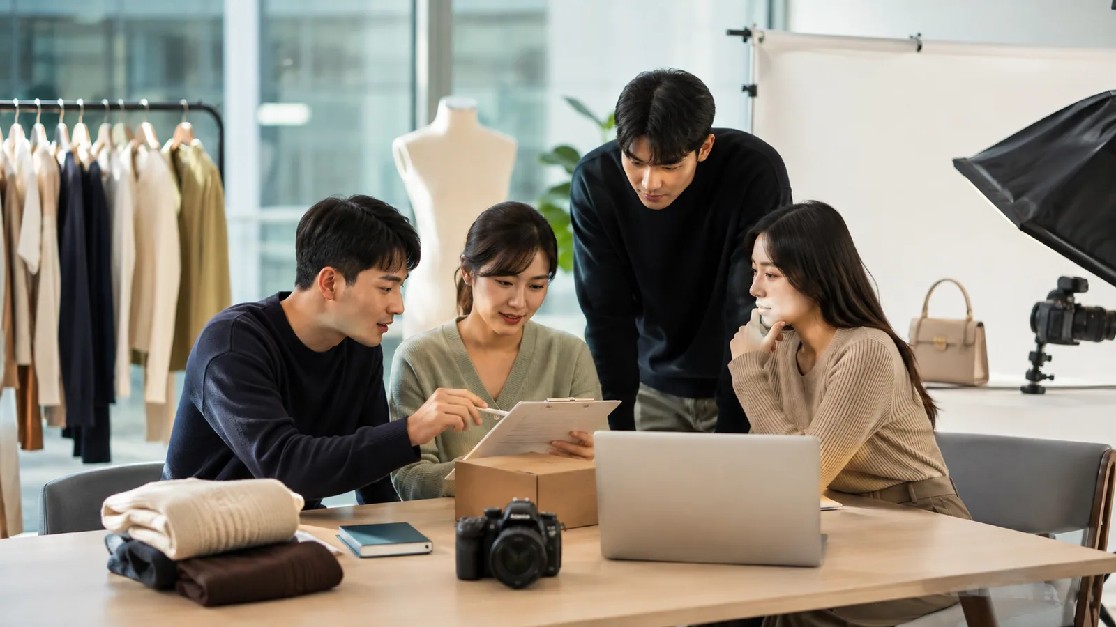 상품과 촬영 장비 옆에서 상세페이지 구매 흐름을 검토하는 콘텐츠 팀