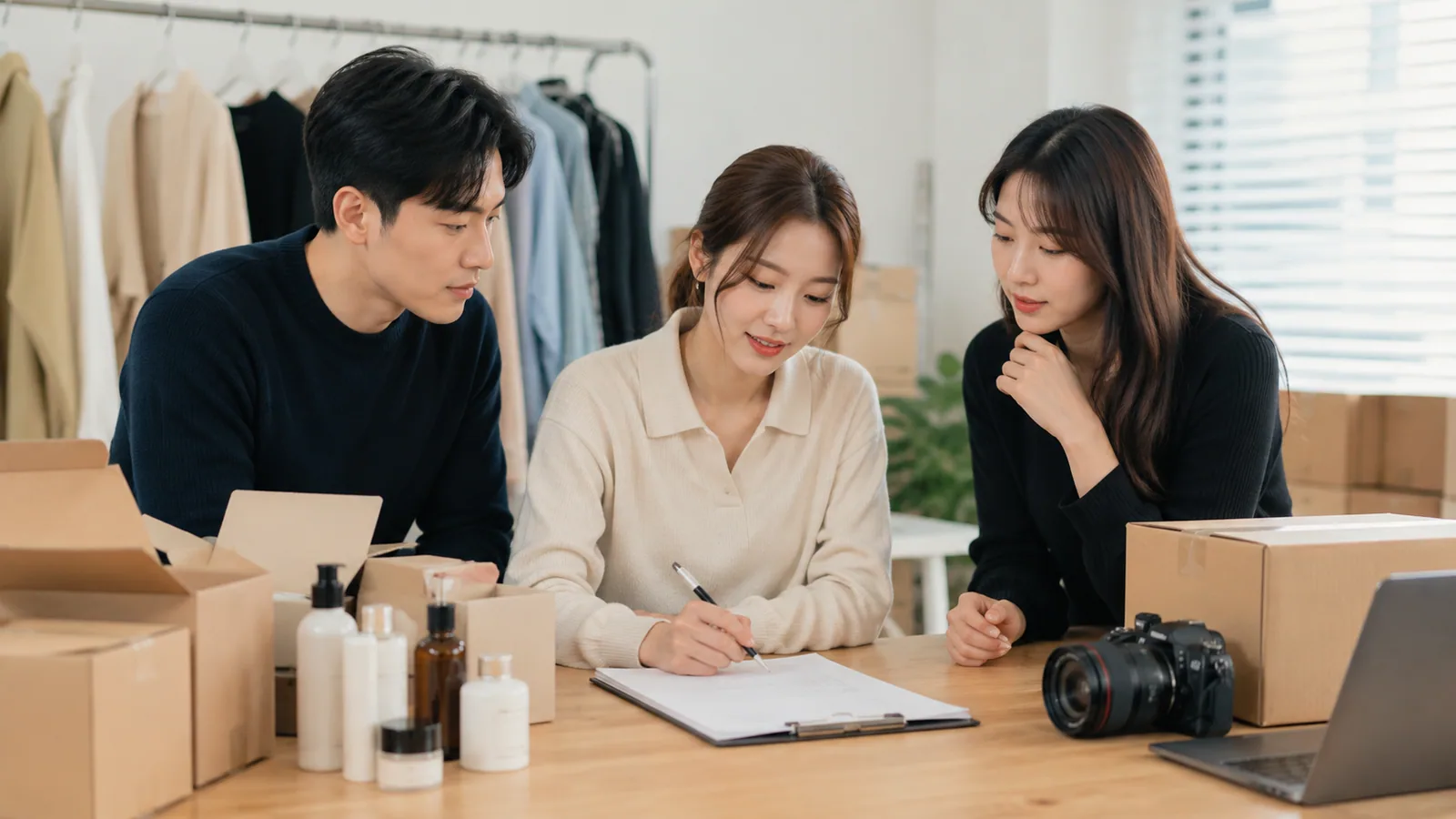 상품과 포장재, 촬영 장비 옆에서 쇼핑몰 오픈 항목을 확인하는 팀